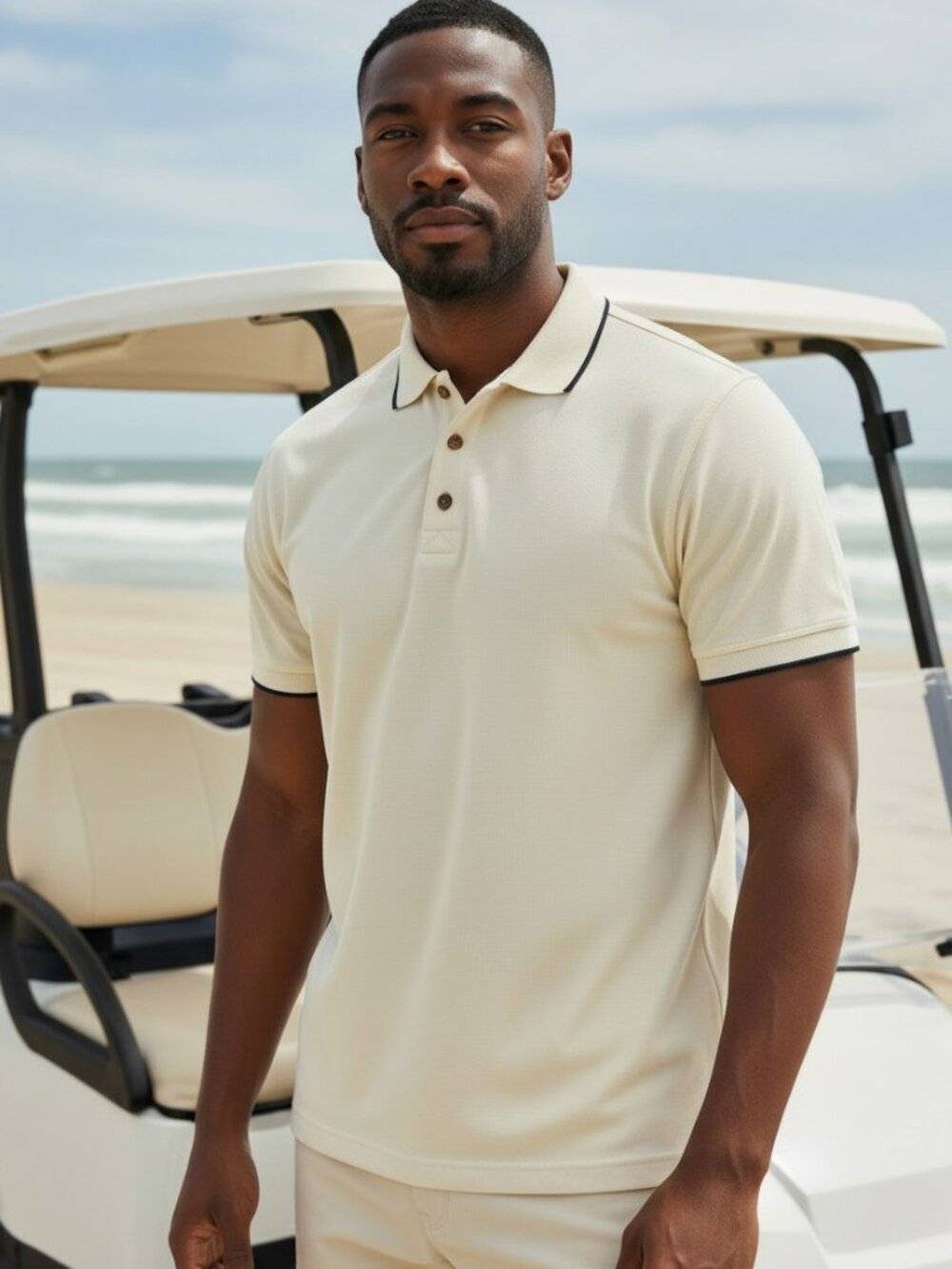 Greg Norman Collection Cream Polo with Black Trim